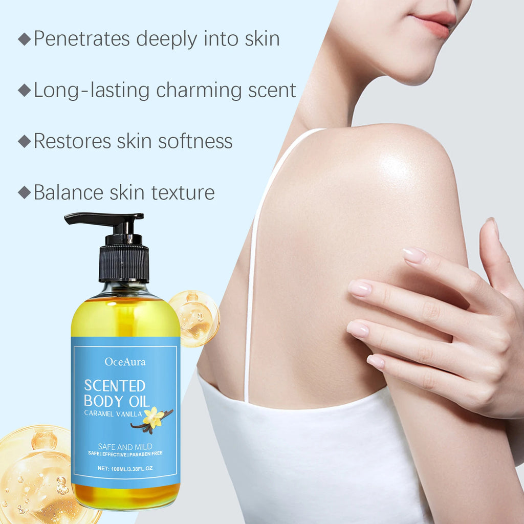 OceAura 100ml Caramel Vanilla Body Oil Moisturizing Hydrating Skin Care Soothing and Nourishing Skin Massage Oil