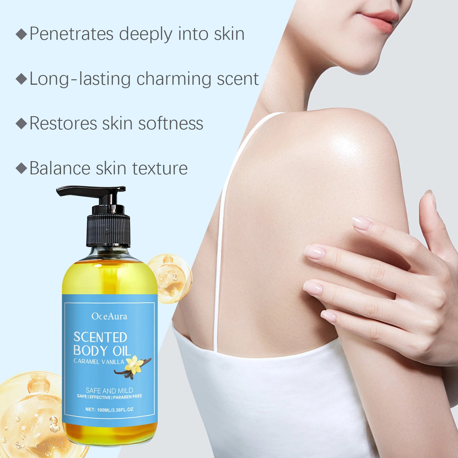 OceAura 100ml Caramel Vanilla Body Oil Moisturizing Hydrating Skin Care Soothing and Nourishing Skin Massage Oil