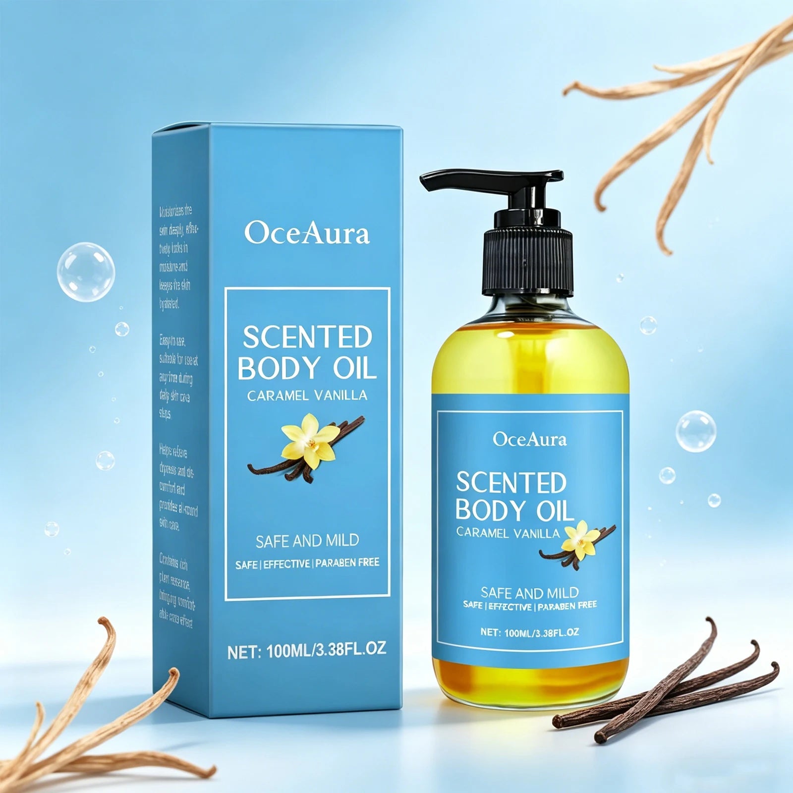 OceAura 100ml Caramel Vanilla Body Oil Moisturizing Hydrating Skin Care Soothing and Nourishing Skin Massage Oil
