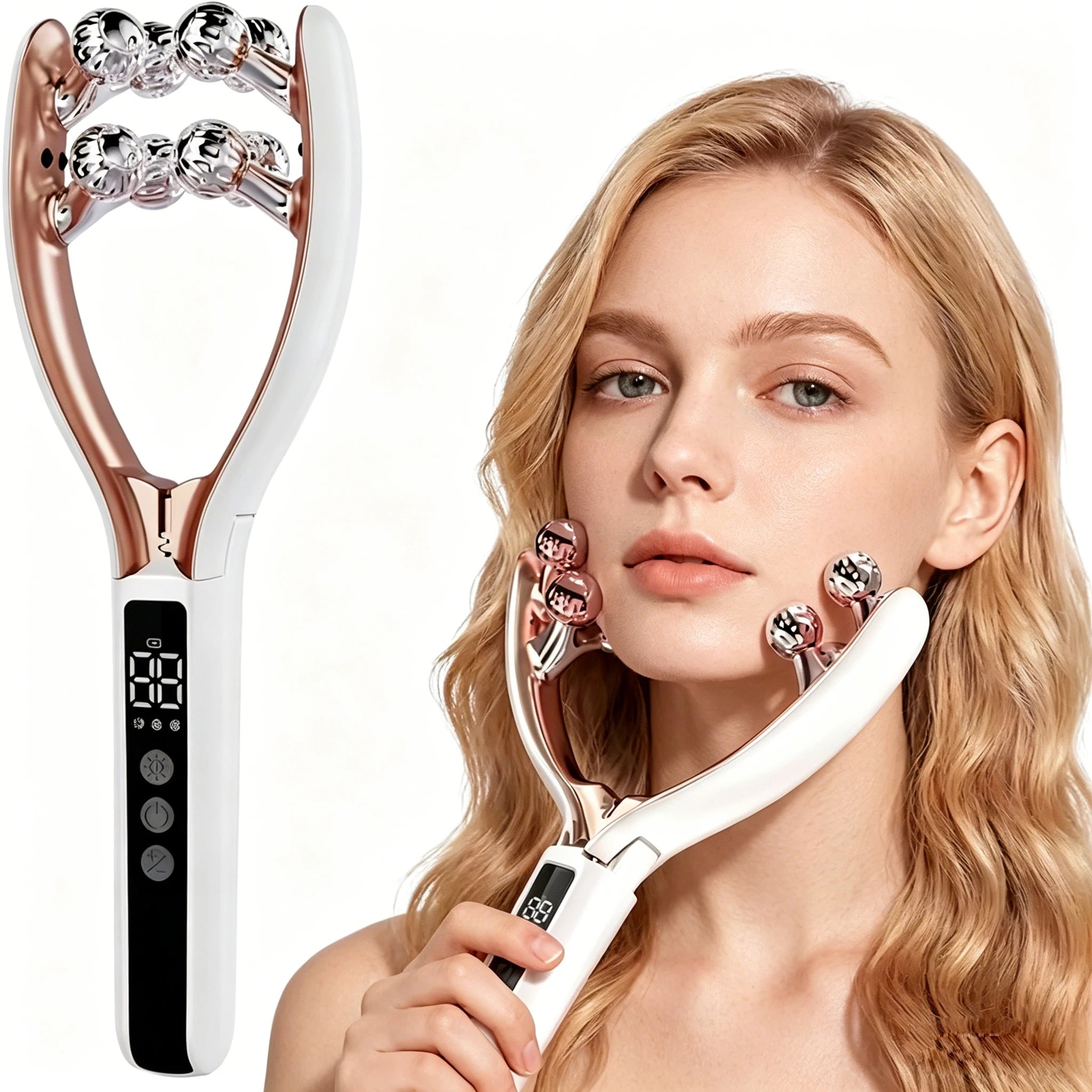 Facial Massager for Face and Neck V‑Shape Lifting Roller with Microcurrent Red Blue Light Therapy Vibrating Face Slimmer Device