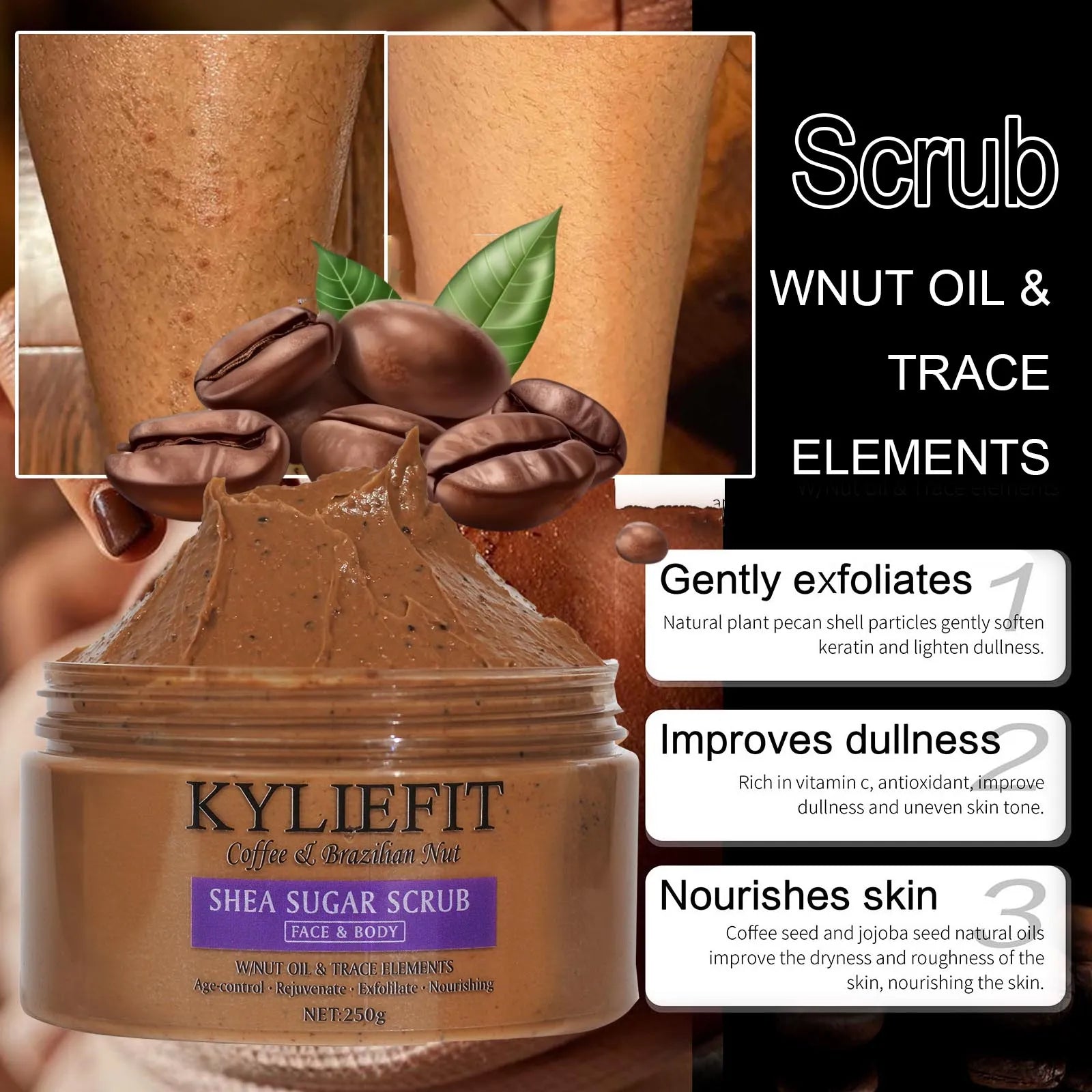 Natural Body Scrub - Moisturizing and Exfoliating Body, Face, Hand, Foot Scrub - Lightening, Fine Lines & Wrinkles, Skin Glowing
