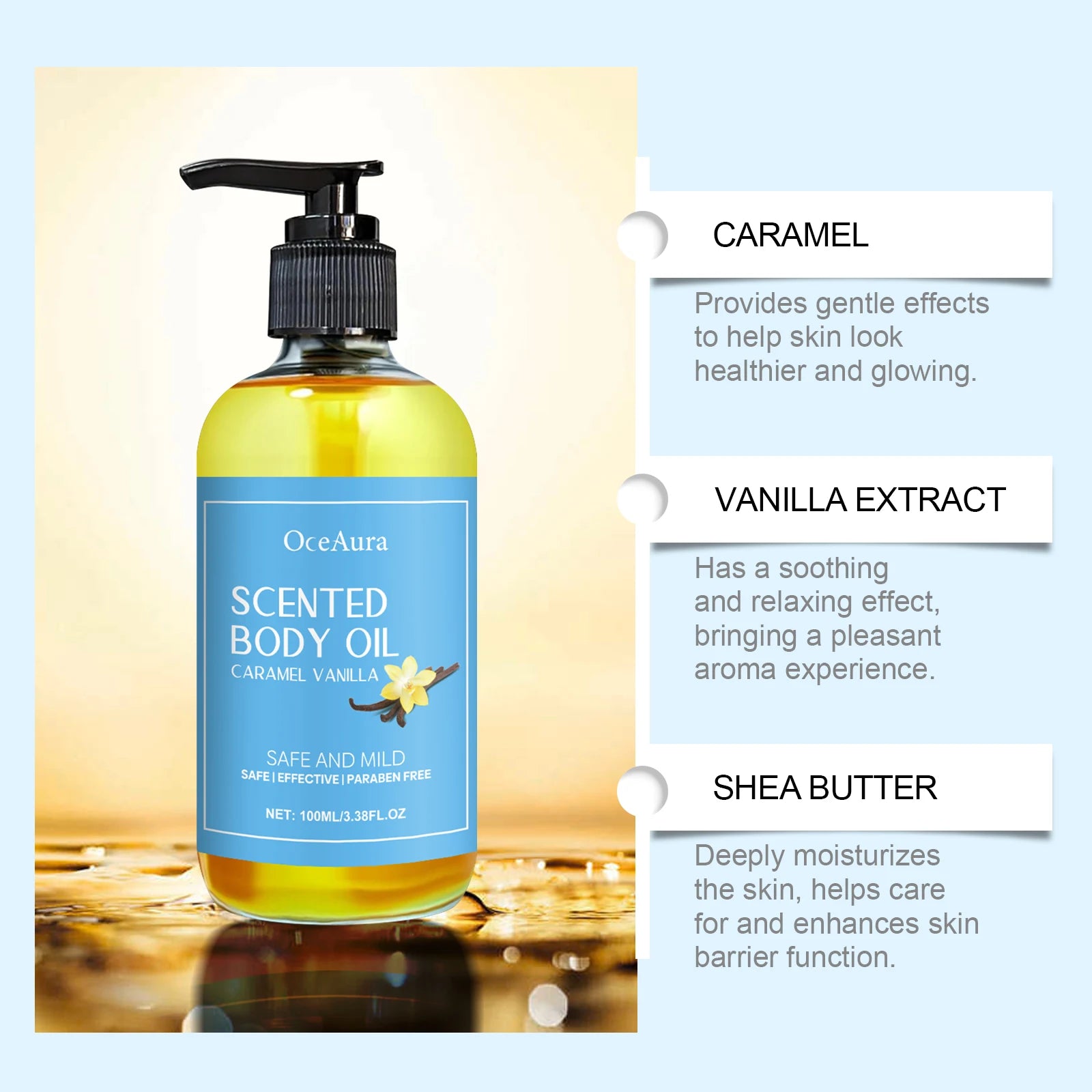 OceAura 100ml Caramel Vanilla Body Oil Moisturizing Hydrating Skin Care Soothing and Nourishing Skin Massage Oil