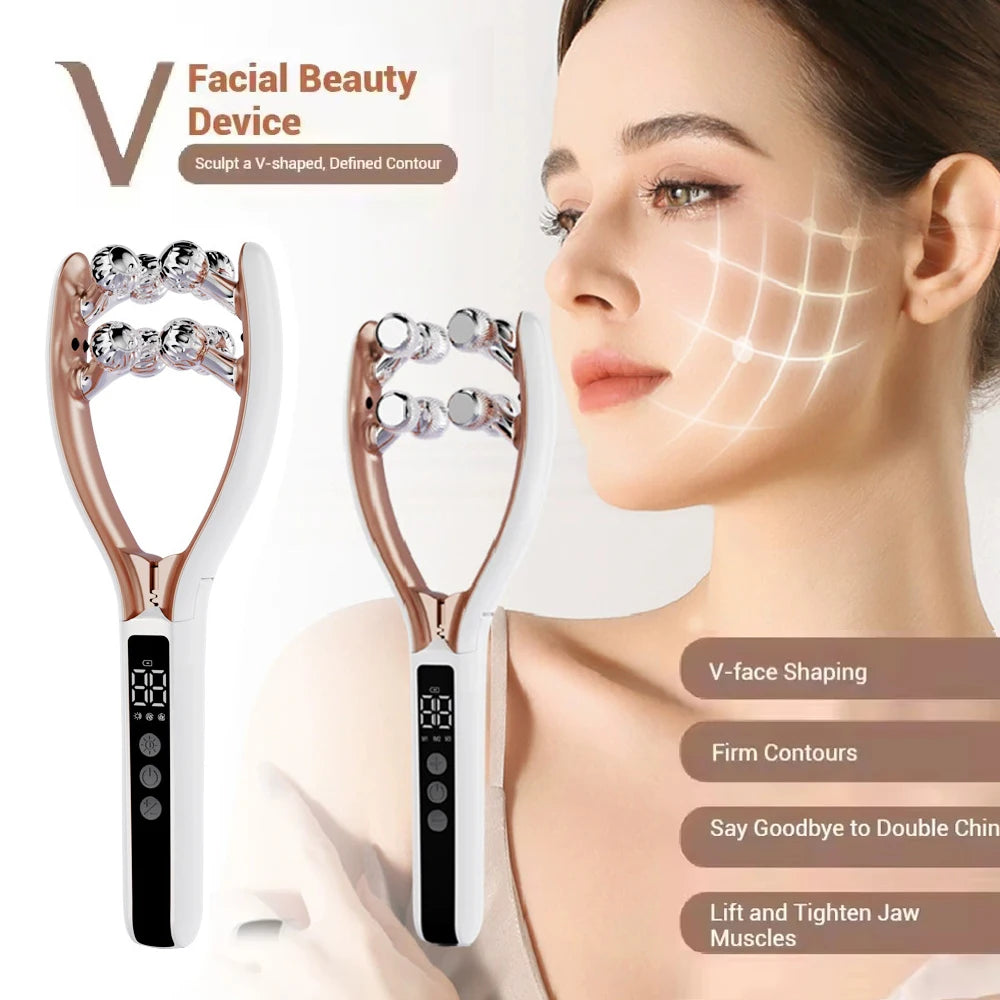 Facial Massager for Face and Neck V‑Shape Lifting Roller with Microcurrent Red Blue Light Therapy Vibrating Face Slimmer Device