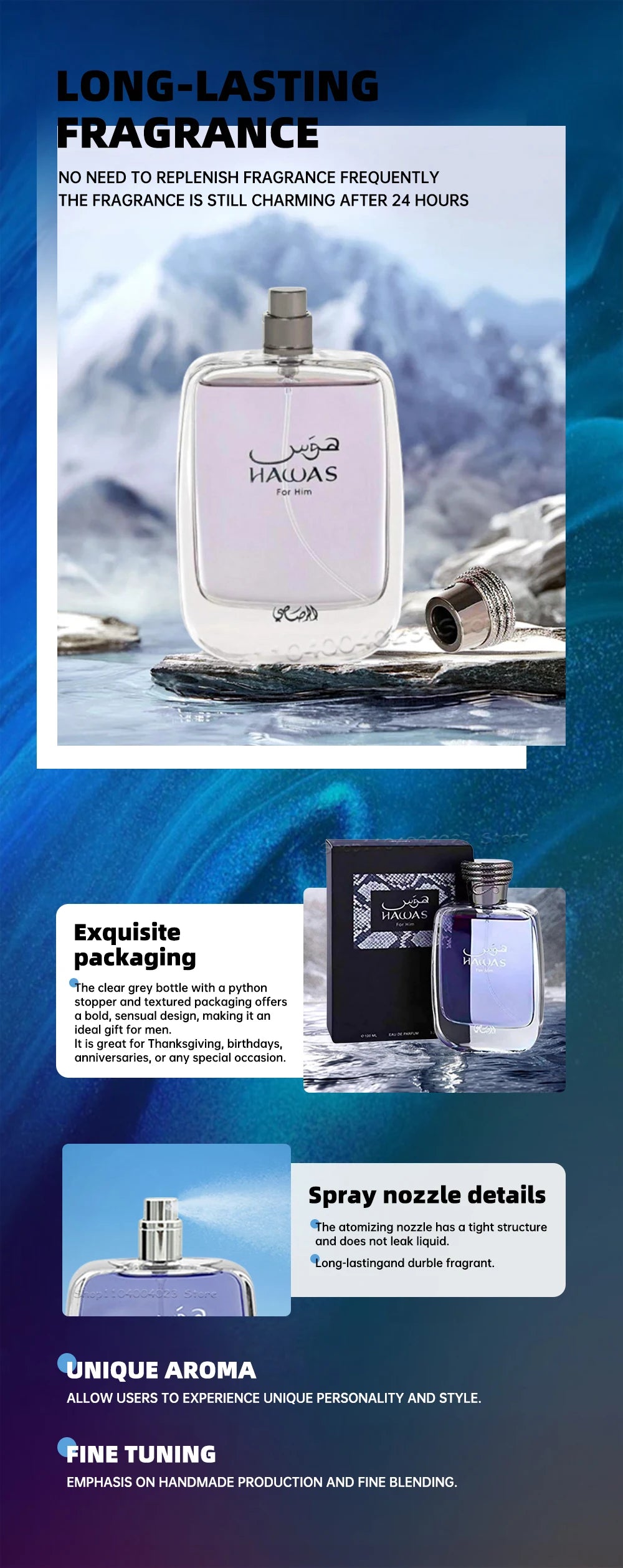 100ml Hawas Perfume for Men Original Rasasi Eau de Parfum Long-Lasting Fragrance Pour Spray Aquatic Scent High Quality Cologne